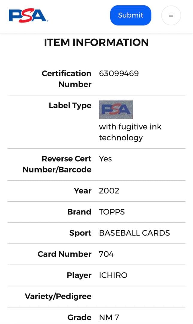 世界で4枚 PSA 7 イチロー Ichiro 2002 TOPPS トレカ - メルカリ