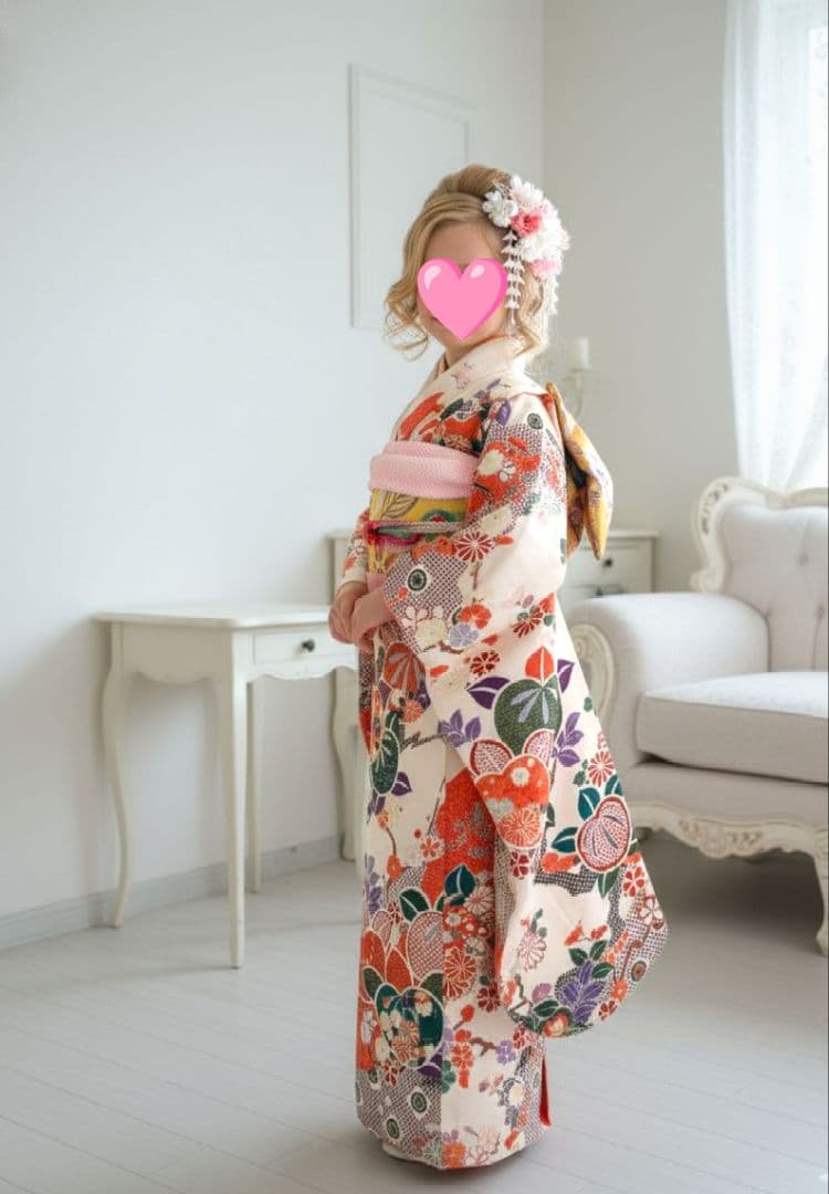 正絹クリーム色着物とイエロー系薔薇の花作り帯セット 振袖 レンタル 成人式 結婚式 黄 薔薇(絹)12月〜1月利用 対応身長154