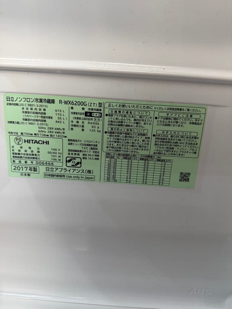 製氷機のみ故障 HITACHI 冷蔵庫 R-WK6200G 615L 黒 - メルカリ