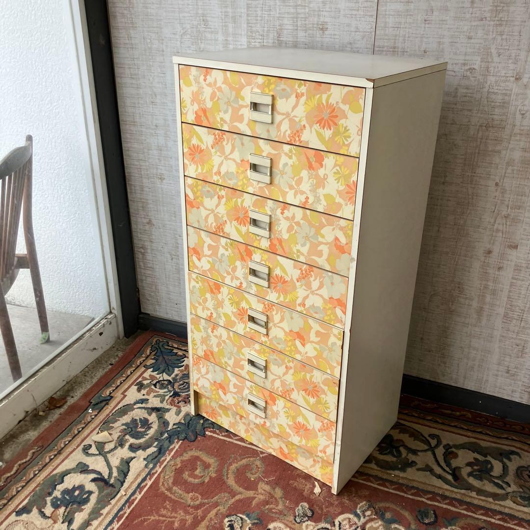 昭和レトロ 花柄 木製チェスト 7段タンス 古家具 ビンテージ