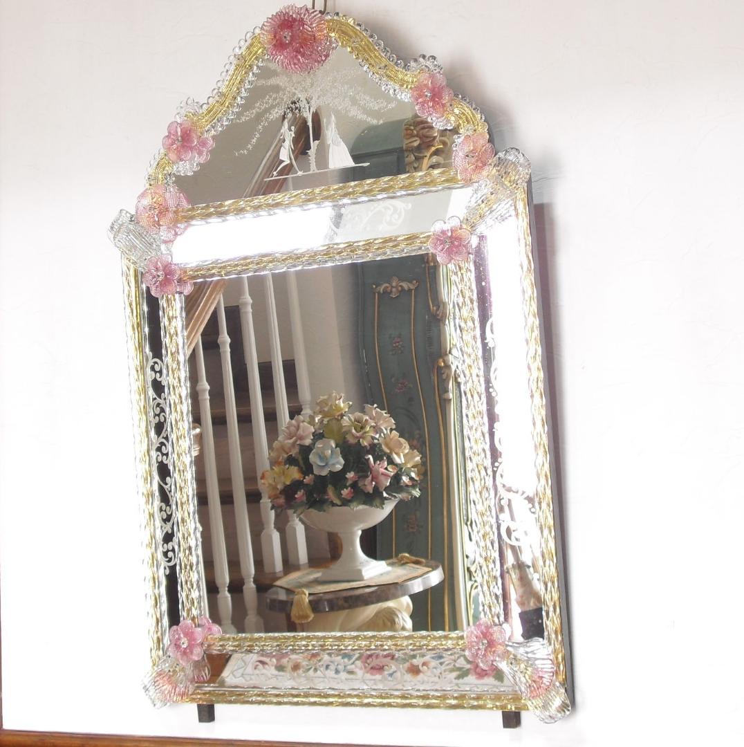 希少☆イタリア製☆ ベネチアンムラノガラス ミラー☆大型壁掛け鏡☆52×75cm 蒼いお花がいっぱい ムラーノガラスミラー - 薔薇と天使のアンティーク