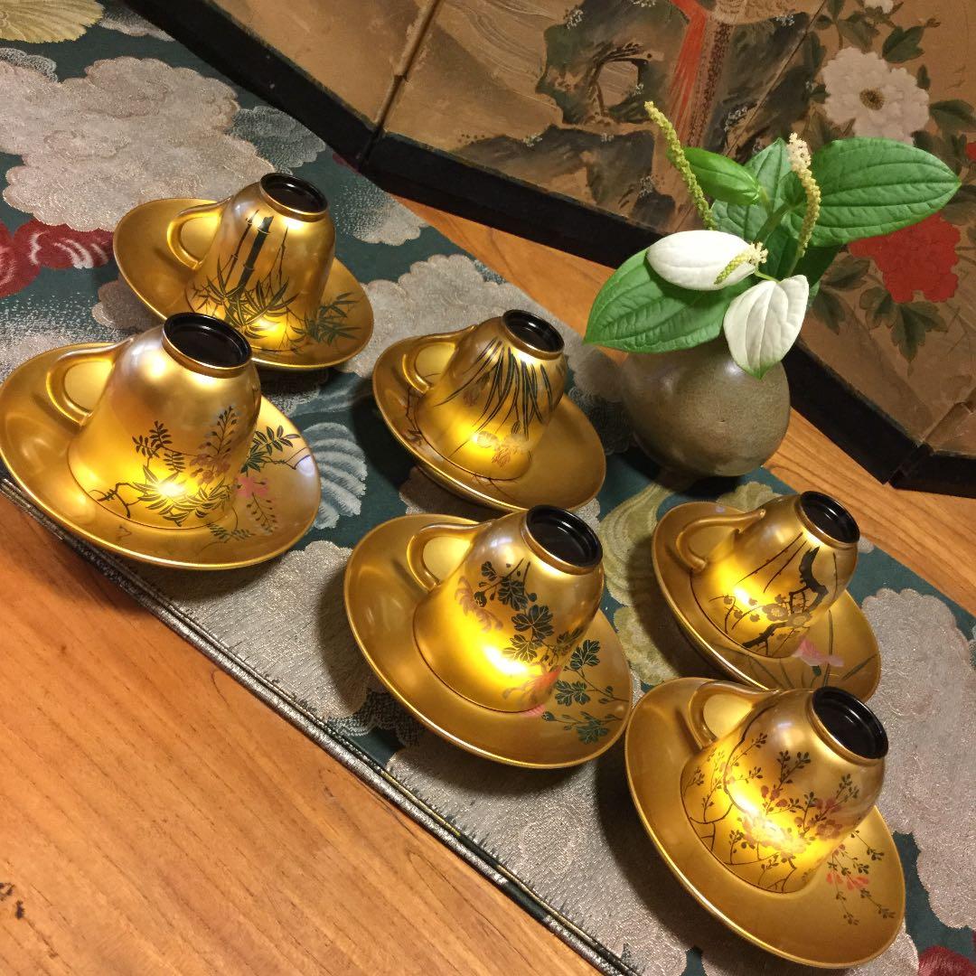 ❣特別出品 極上木製漆 絵替季節の花蒔絵 デミタス6客セット