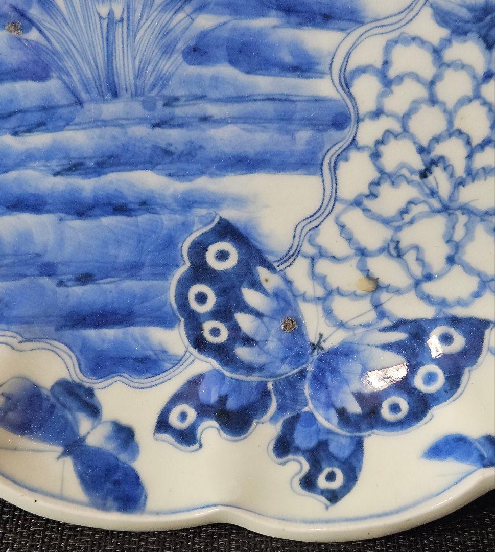 上作品❗】江戸時代後期 古伊万里 染付 菖蒲に11蝶々図 輪