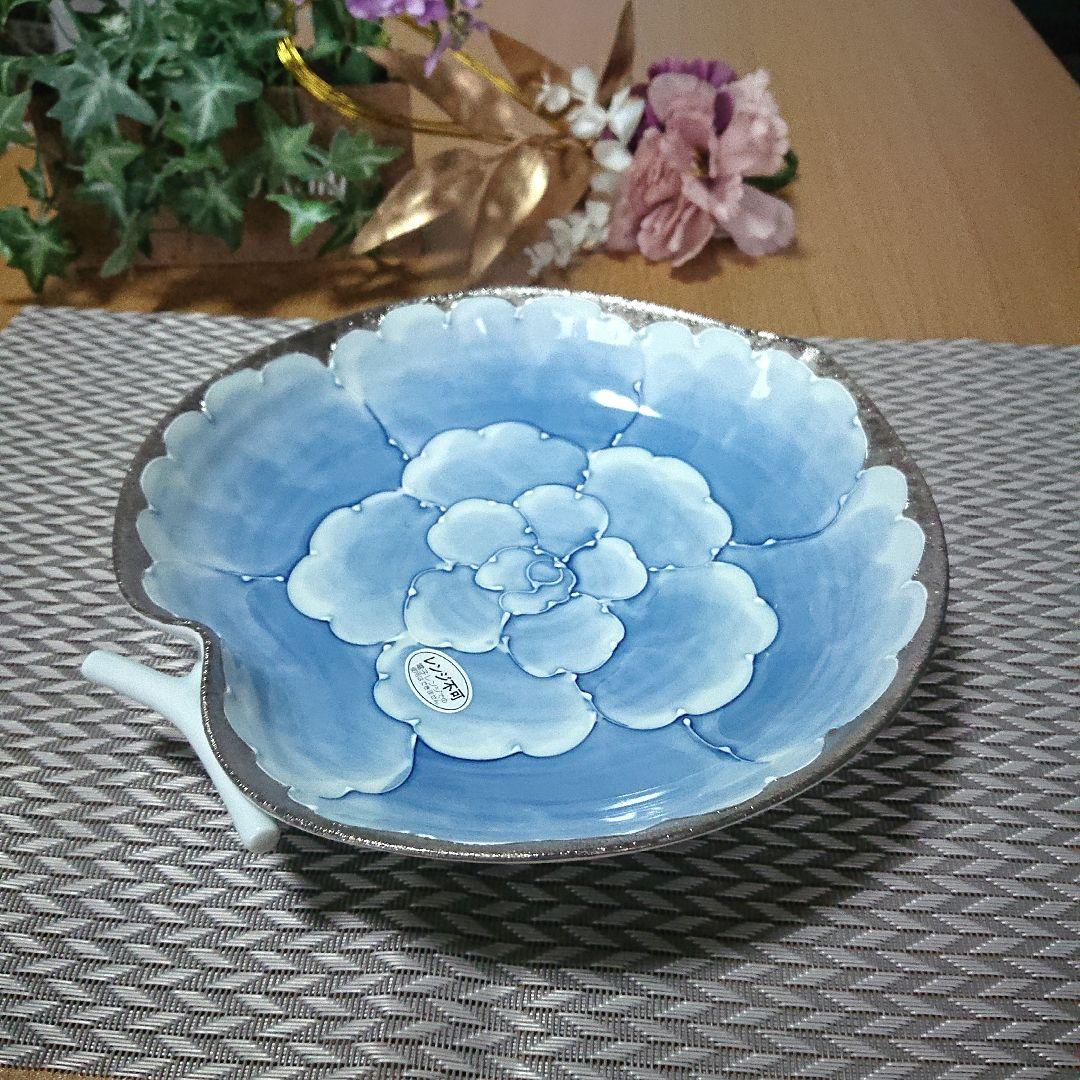 新品シール付き、有田焼【文山窯】プラチナ牡丹、りんご鉢、銀彩、菓子