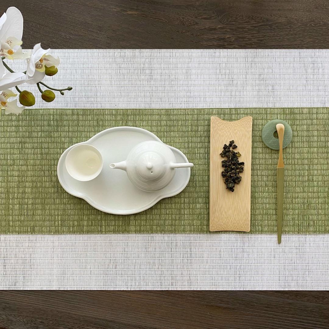 防水テーブルランナー 台湾茶道具 茶席 マット（若葉色+白 2m） 2枚セット