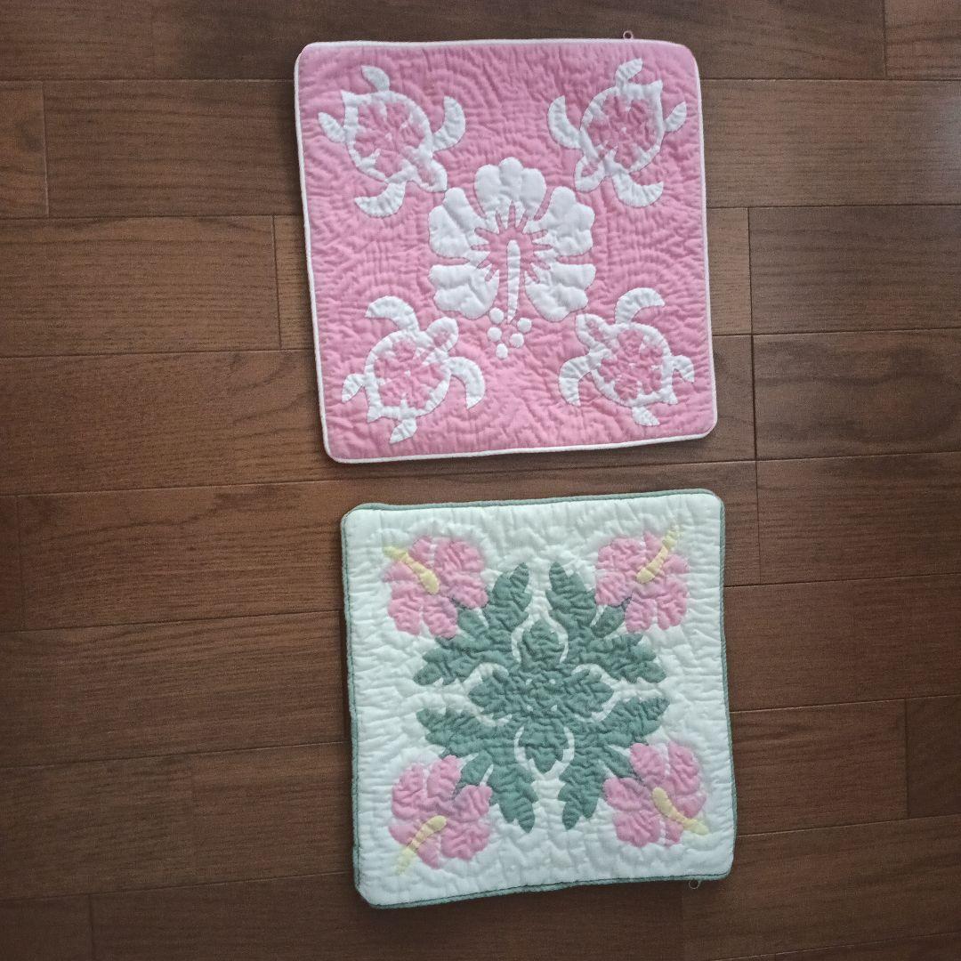 ハワイアンキルトキルティングクッションカバー ピンクとホワイト ハワイアンキルト キット しつけ済み 製作用キット ハワイアンキルト