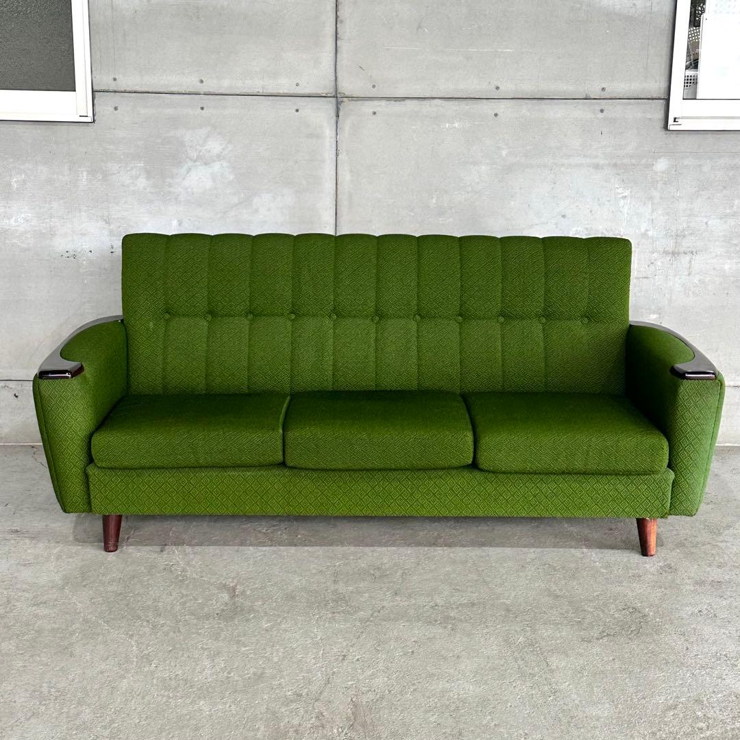 ✦70s✦昭和レトログリーンソファ 木肘 3人掛け ミッドセンチュリー