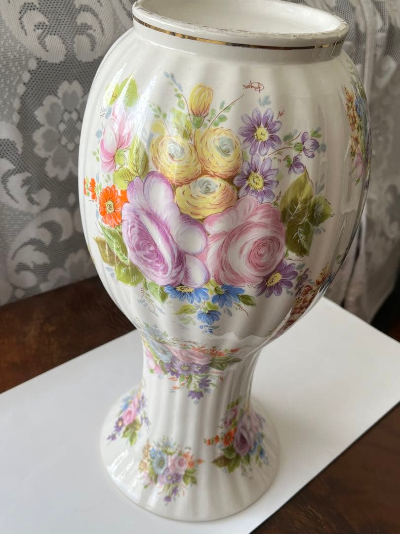 イタリア製 花びん 大型 磁器 セラミック 花模様 ビンテージ 36cm 美品