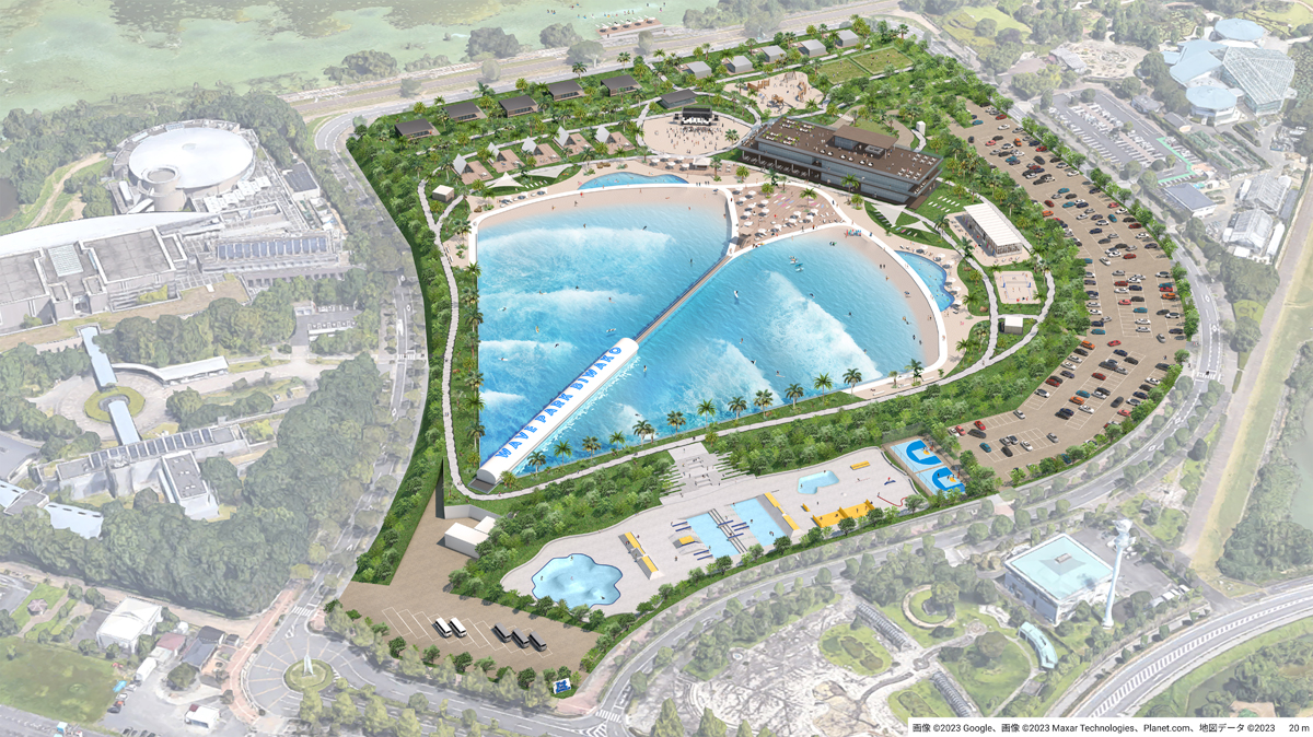 滋賀県の琵琶湖に人工サーフィン施設（ウェーブプール）を中心とした